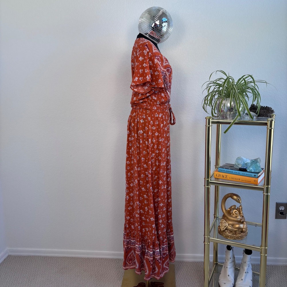 Bohemian‎ Floral Wrap Maxi Dress, Size Large Rust Orange Paisley Hippie Prairie - Picture 4 of 16